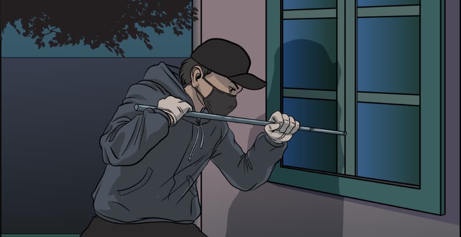 Illustration of burglar forcing entry through a window in Manhattan